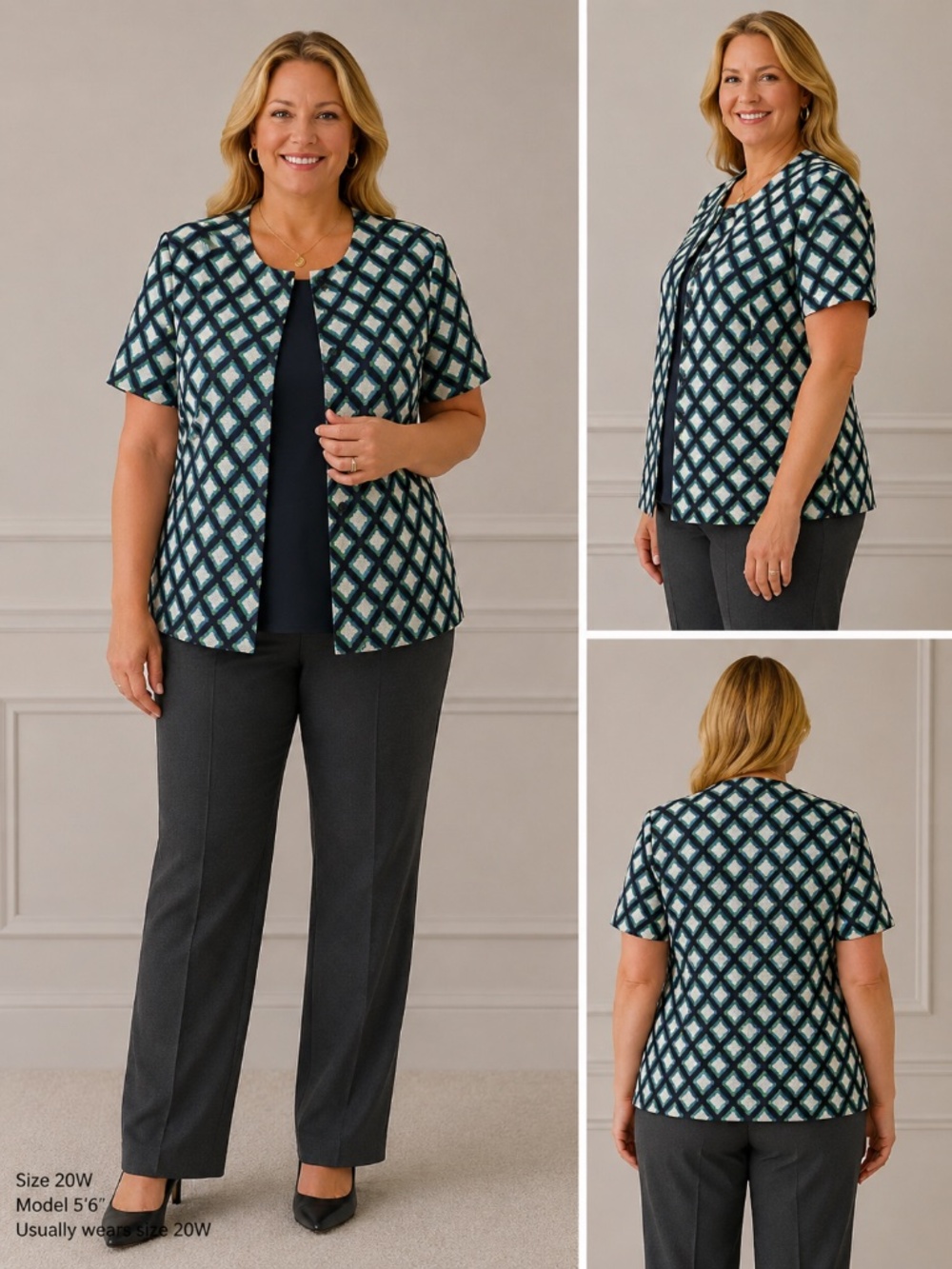 Coldwater Creek Size 18 Geometric Short Sleeve Jacket Navy Green Cream